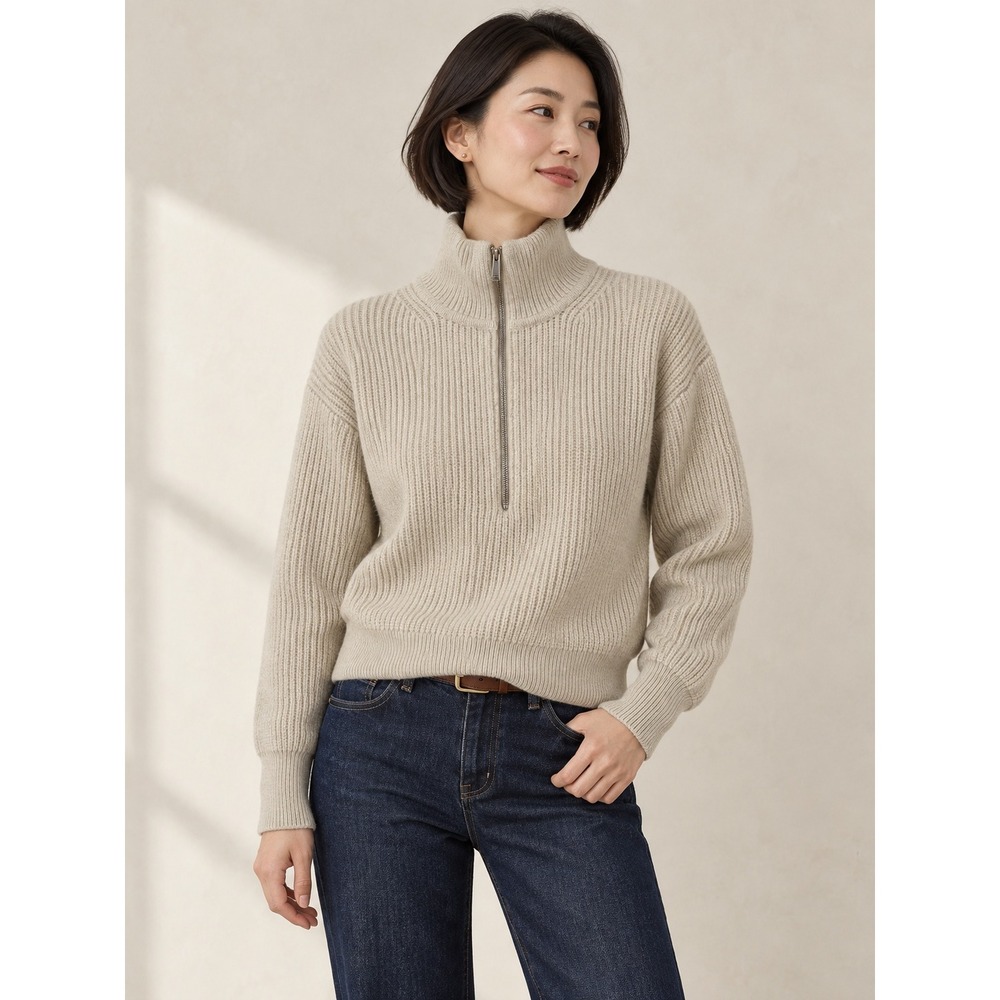 Quince 100% Merino Wool Quarter Zip Ribbed Sweater Cream Oatmeal XS DYKF001